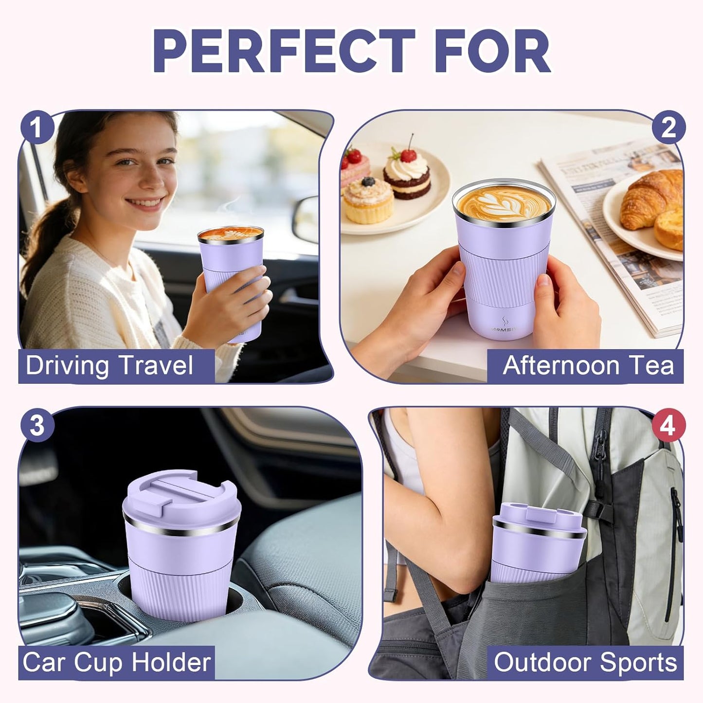 MOMSIV 12oz Travel Mug, Insulated Coffee Cup with Leakproof Lid, Travel Coffee Mug Vacuum Stainless Steel Double Walled Reusable Coffee Cup for Hot and Cold Water Coffee