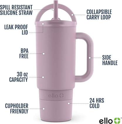 Ello Port 40oz Tumbler with Carry Loop & Integrated Handle, Vacuum Insulated Stainless Steel Reusable Water Bottle, Travel Mug with Leak Proof Lid & Straw, Perfect for Iced Coffee & Tea, White