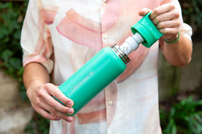 LifeStraw Go Series — Insulated Stainless Steel Water Filter Bottle for Travel and Everyday Use Removes Bacteria, Parasites and Microplastics, Improves Taste, 1L Aegan Sea
