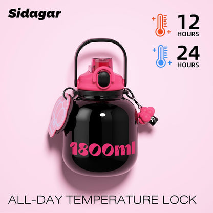 60 oz Big Gallon Water Bottle with Straw and Carry Handle, Black Wide Mouth Vacuum Water Jug, Insulated Stainless Steel Bottles; Heavy-Duty Aesthetic Yoga Flask for Women, Sweet & Cool Black