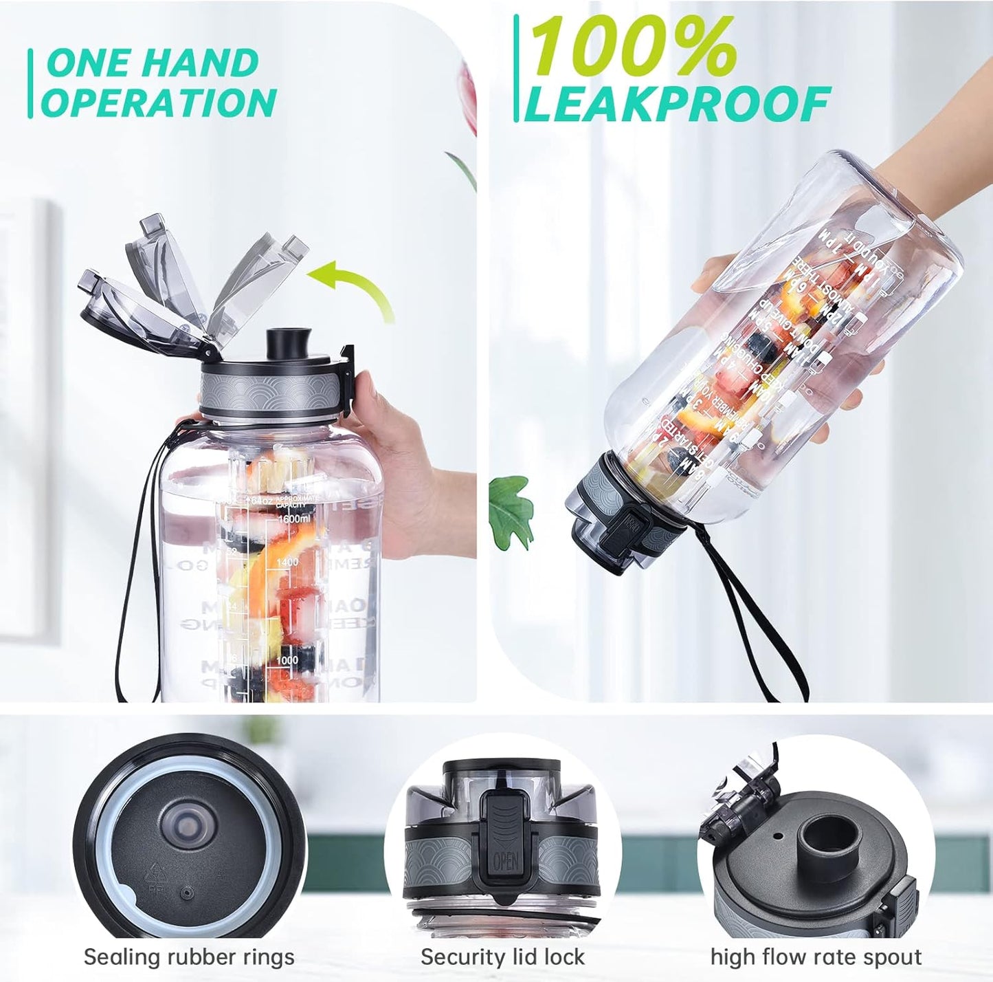 UTEBIT 32 OZ Fruit Infuser Water Bottle, Insulated Sports Water Bottle With Straw, 1L BPA Free Leak Proof Tritan Large Water Jug with Strap for Gym, Camping, Travel, Outdoor