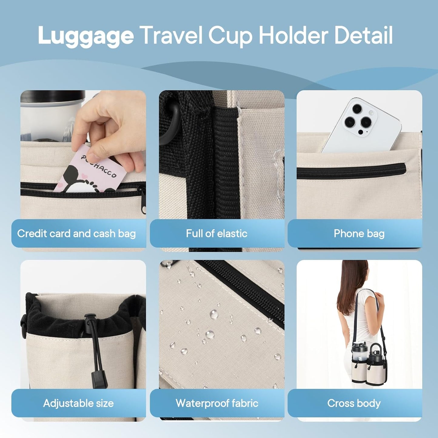 Extra Luggage Cup Holder Free Hand Drink Caddy for Suitcases to Travel and Business Trip,Travel Must Haves Men Women,Holds Two Coffee Cups,Passport,Flight Attendant Essential Organizer-Apricot