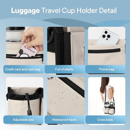 Extra Luggage Cup Holder Free Hand Drink Caddy for Suitcases to Travel and Business Trip,Travel Must Haves Men Women,Holds Two Coffee Cups,Passport,Flight Attendant Essential Organizer-Apricot