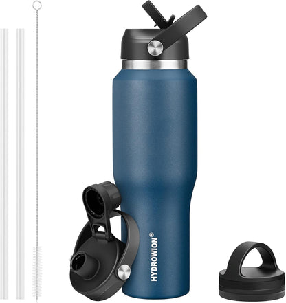 HYDROWION 32oz Stainless Steel Water Bottle(Cold for 48 Hrs, Hot for 24 Hrs),Double Wall Vacuum Insulated Water Bottle with Straw Lid, Spout Lid and Flex Cap, Fit in Any Car Cup Holder,Black
