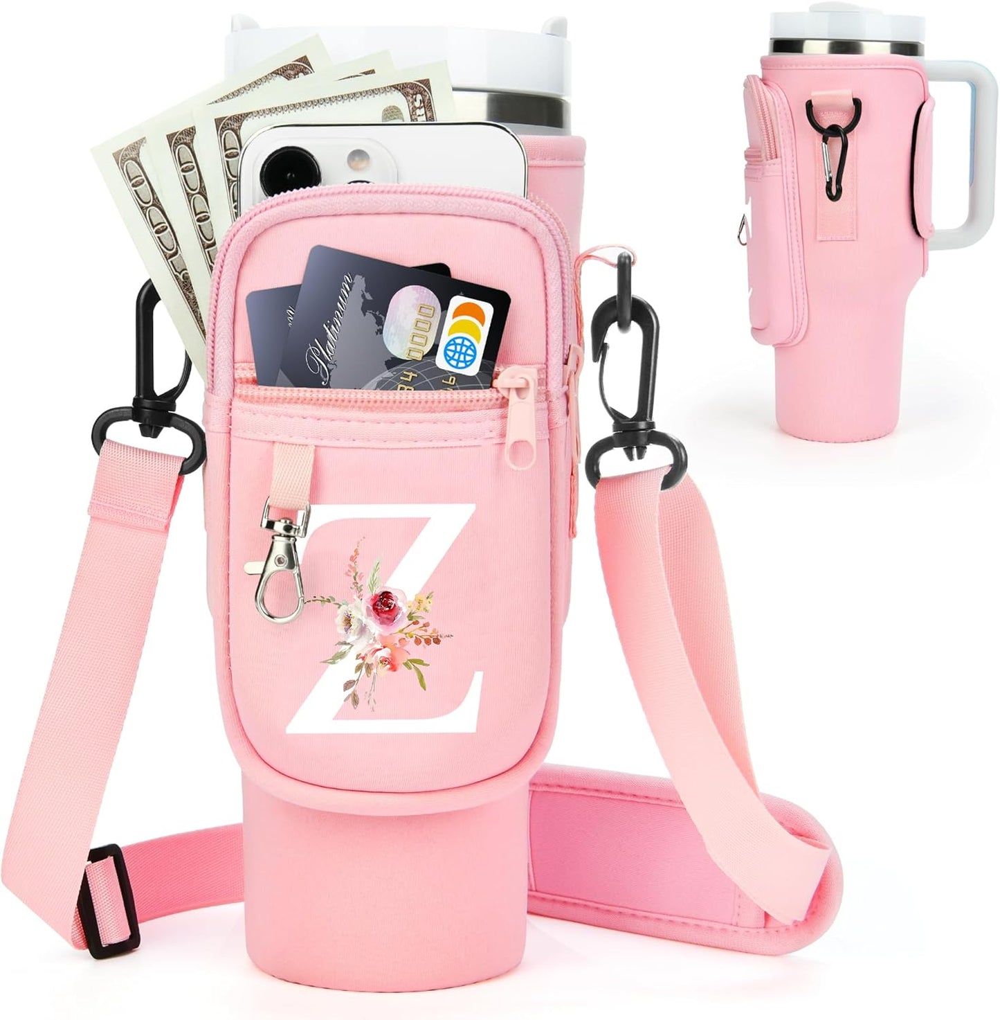 Initial Water Bottle Holder with Strap for Stanley Cup Accessories 40 oz/Simple Modern Tumbler, Birthdays for Women Girls, Water Bottle Carrier Bag with Phone Pocket,Hiking Walking Gym Camping