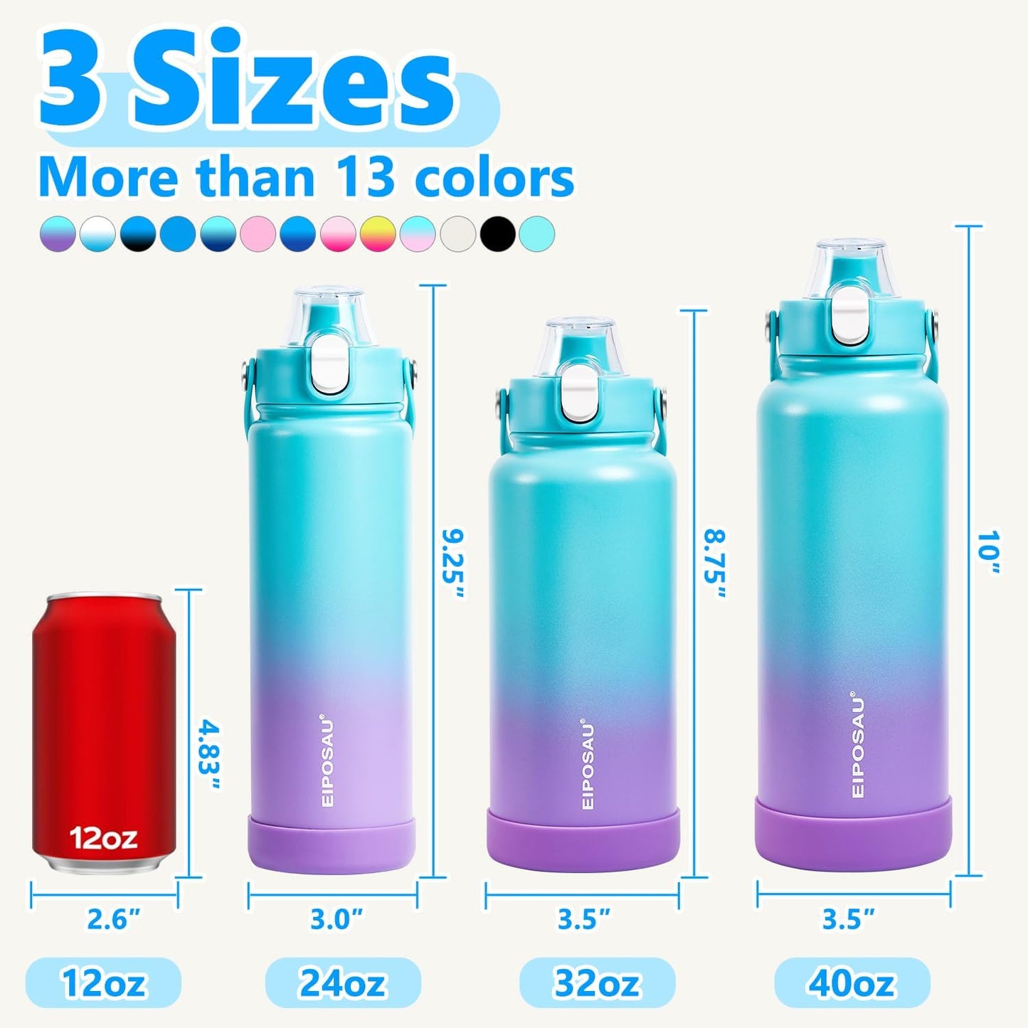 Insulated Water Bottle with Lid & Boot & Stickers, 24 oz Stainless Steel Sweat Free Bottle Keep Cold 24H, BPA-Free Sports Wide Mouth Water Bottle, BlueBlack