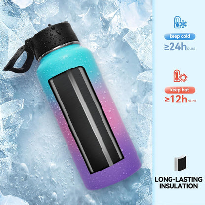 Neihepal 32 oz Insulated Water Bottle with 2 Lids (Straw & Spout Lid), 18/8 Stainless Steel Double Wall Water Bottles for Gym, Travel, Camping, Sports (Silver,1 Pack)