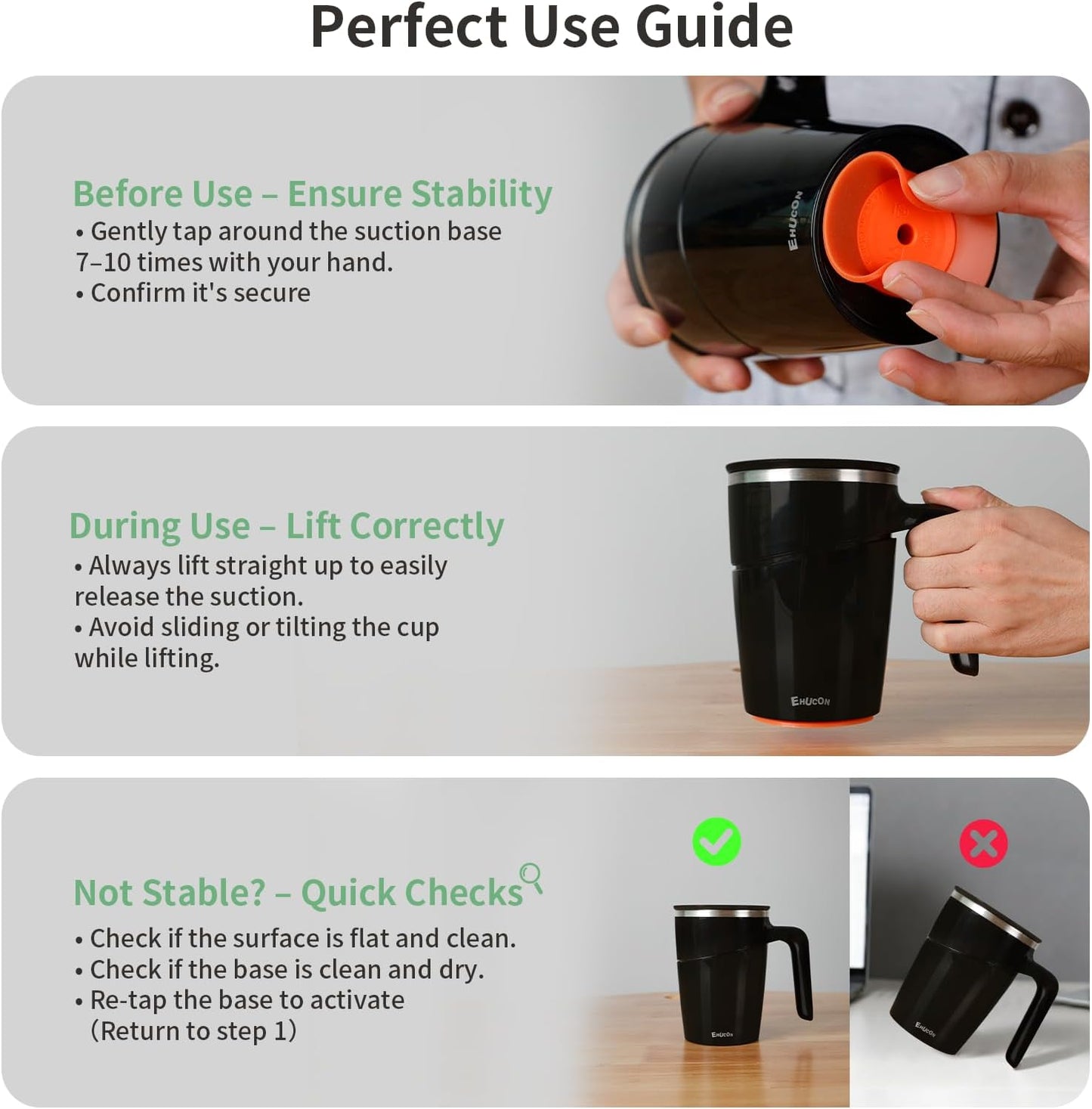 Anti-Impact No-Tip Desk Mug, 470ml / 15.9oz Stainless Steel Vacuum Insulated Mug with Handle, Smart Suction Base, Non-Slip & Knock Proof, Helps Prevent Desk Spills for Coffee, Tea, Kids & Pets (Black)
