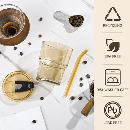 13oz Iced Coffee Cups,2Pcs Glass Cups with Lids and Straws Drinking Glasses,Clear Ribbed Glassware,Reusable Tumbler Glass to Go Cup for Matcha, Iced Tea,Juice