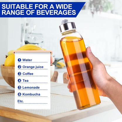 3 Packs Glass Water Bottles with Lid Clear Juice Bottles Reusable Bottle with Stainless Steel Cap Glass Cups Liquid Storage Containers for Juicing Beverage Refrigerator Travel-17oz