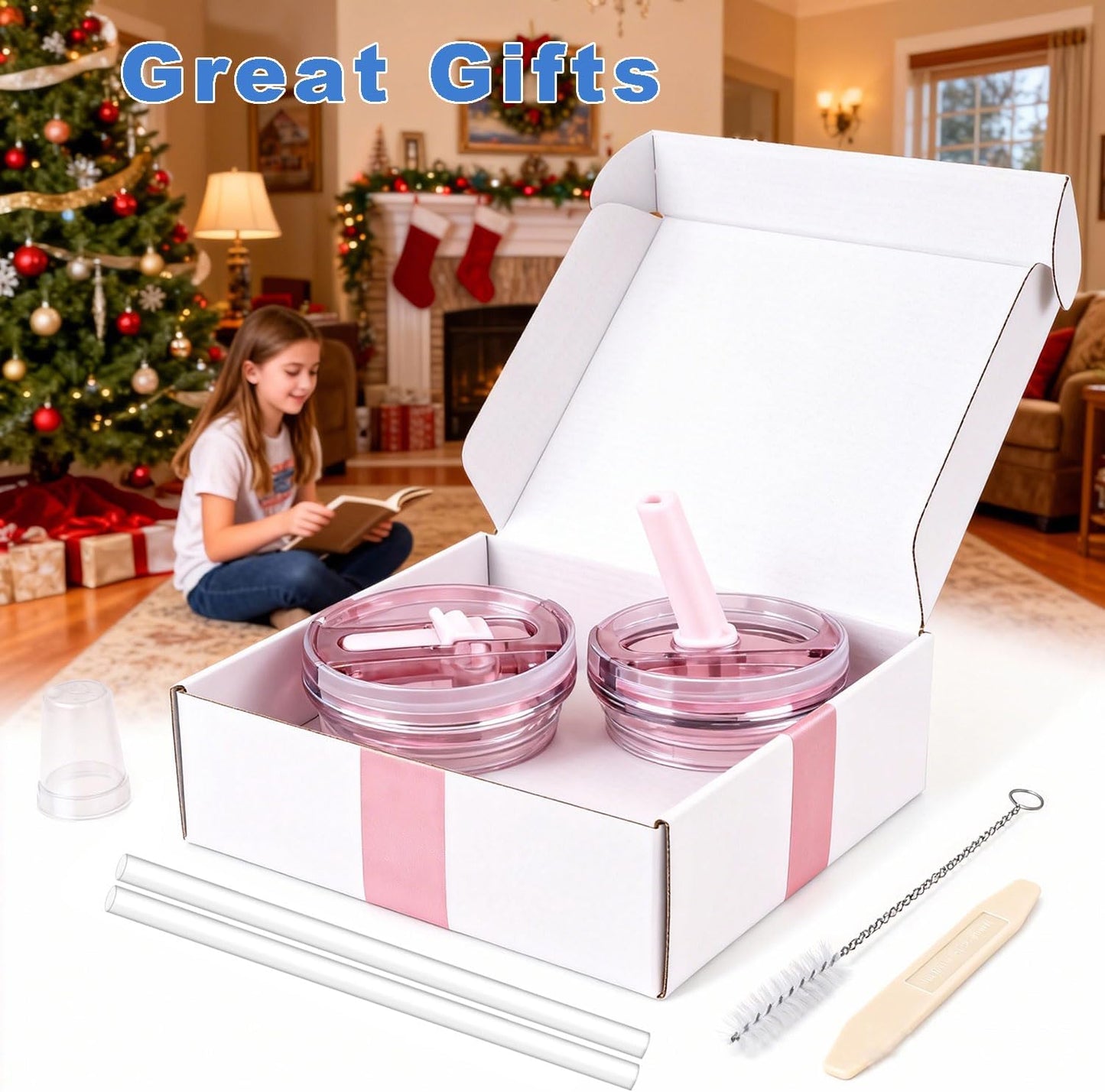 30oz Flip Straw Lid for Stanley Quencher H2.0 Tumbler, 2 Pack Leak Proof Lid Replacement No Spill Cover for Stanley Cup Accessories ProTour (Rose Quartz,Rose Quartz) - Colors A