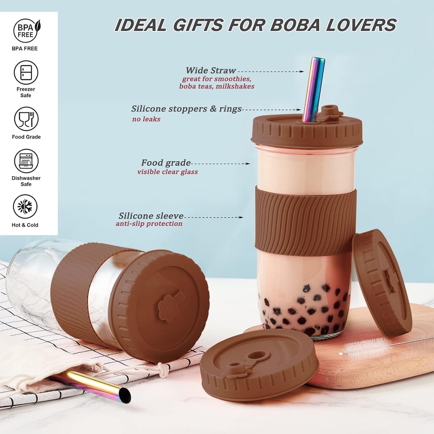 Amyoole 2 Pack Reusable Boba Cup, 24Oz Wide Mouth Smoothie Cup,mason Jar Glass Cups with Lids and Straws,Bubble/Boba Tea Cups,Ice Coffee Tumbler 2 colored straws 1 sponge brush(Pink)