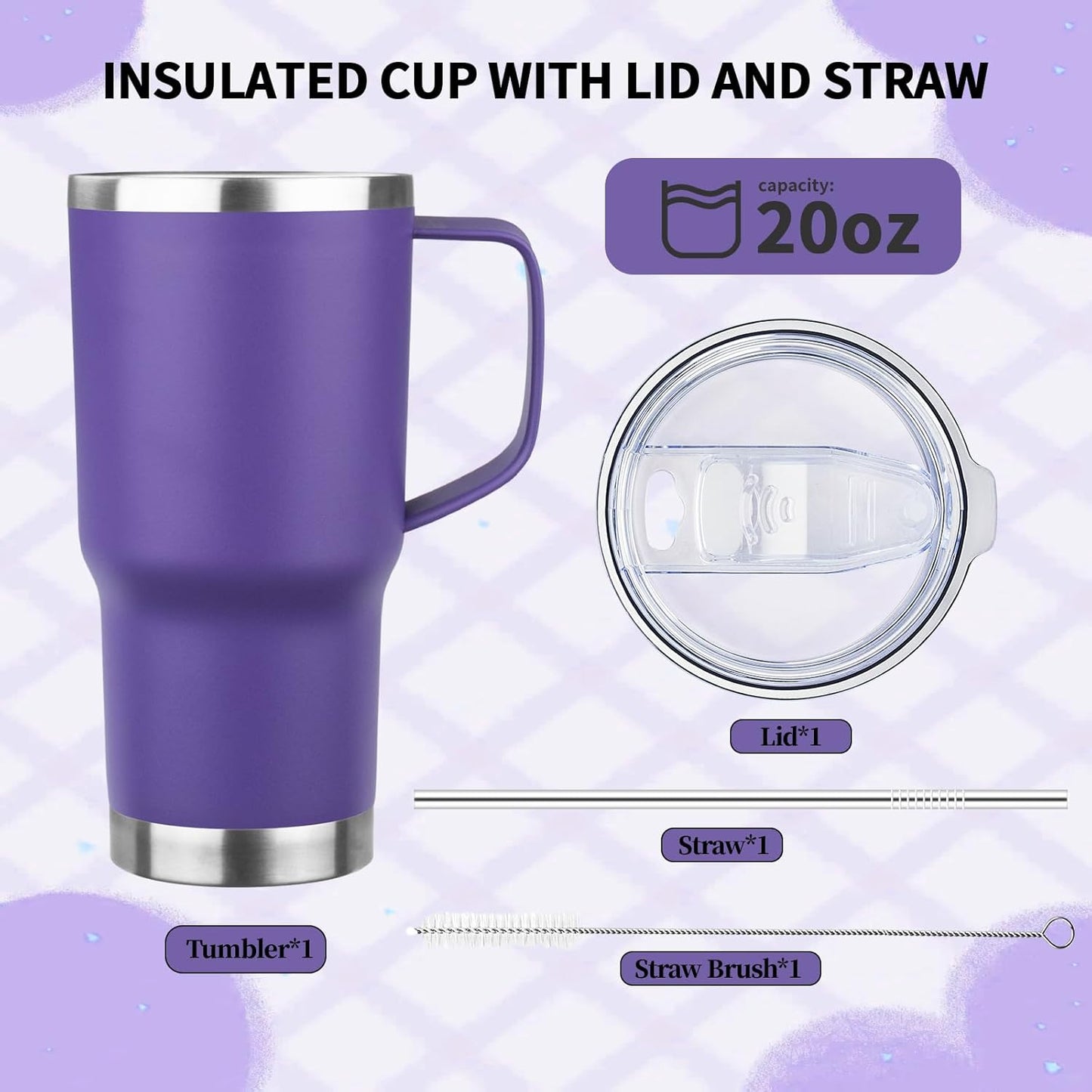 20oz Insulated Tumbler with Handle Stainless Steel Travel Coffee Mug with Lid and Straw Double Wall Vacuum Leak-proof Reusable Thermal Water Cup for Hot and Cold Drinks (Purple,1 Pack)