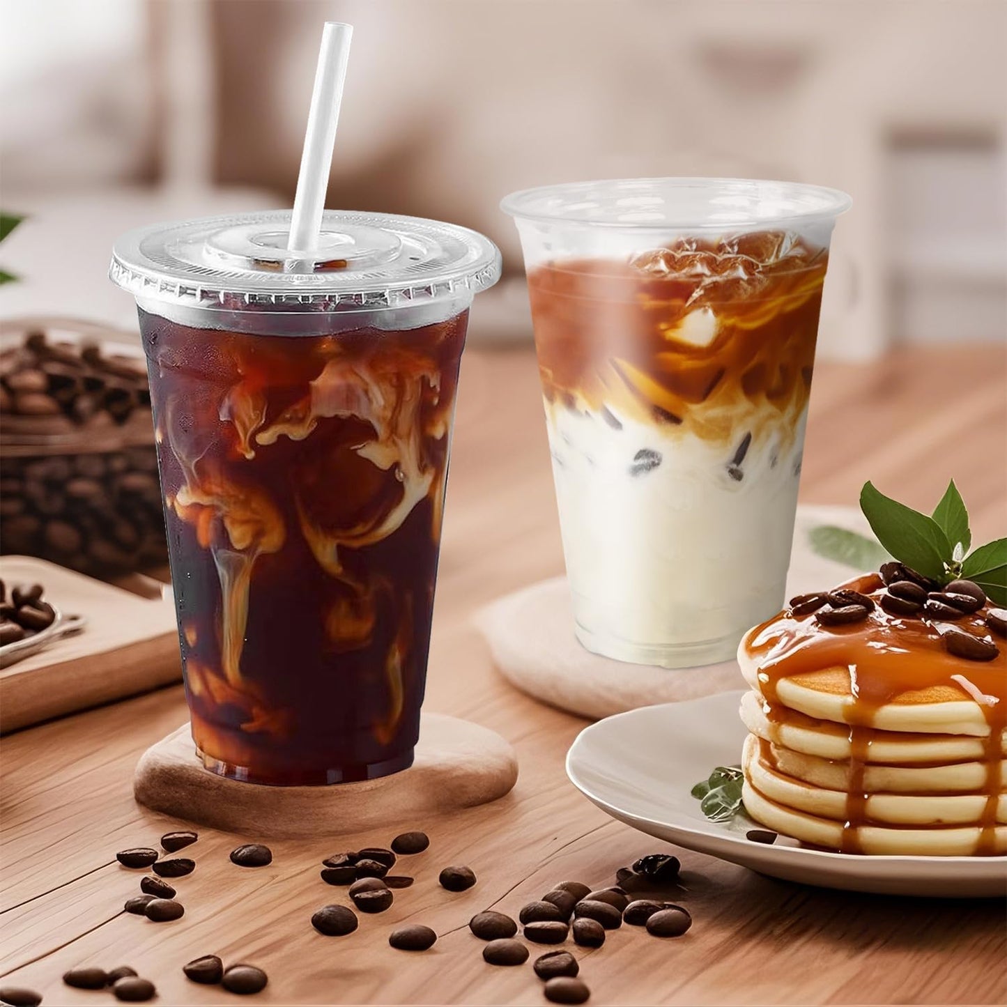Ginkgo 32 oz Clear Plastic Cups with Lids and Jumbo Straws, Disposable To Go Iced Coffee Cups for Smoothie, Boba Milk Tea - 50 Pack