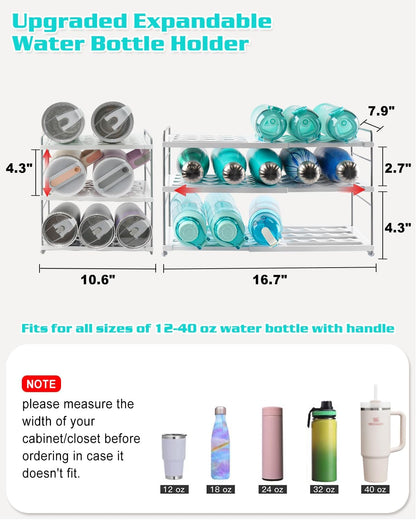 Cirhy Adjustable Water Bottle Organizer Holder for Cabinet, 3-Tier Expandable Water Bottle Storage Rack for Tumblers, Travel Mugs, and Cups – Kitchen Pantry Organization and Storage for Stanley Cups