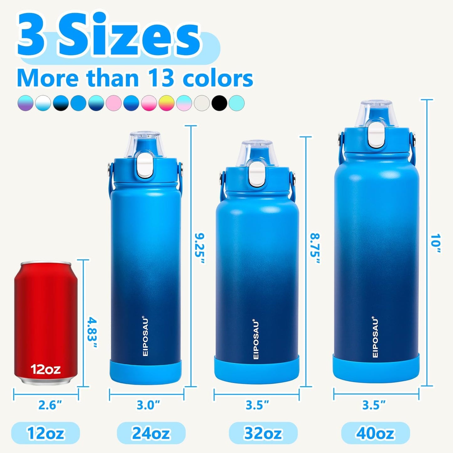 Insulated Water Bottle with Lid & Boot & Stickers, 24 oz Stainless Steel Sweat Free Bottle Keep Cold 24H, BPA-Free Sports Wide Mouth Water Bottle, BlueBlack