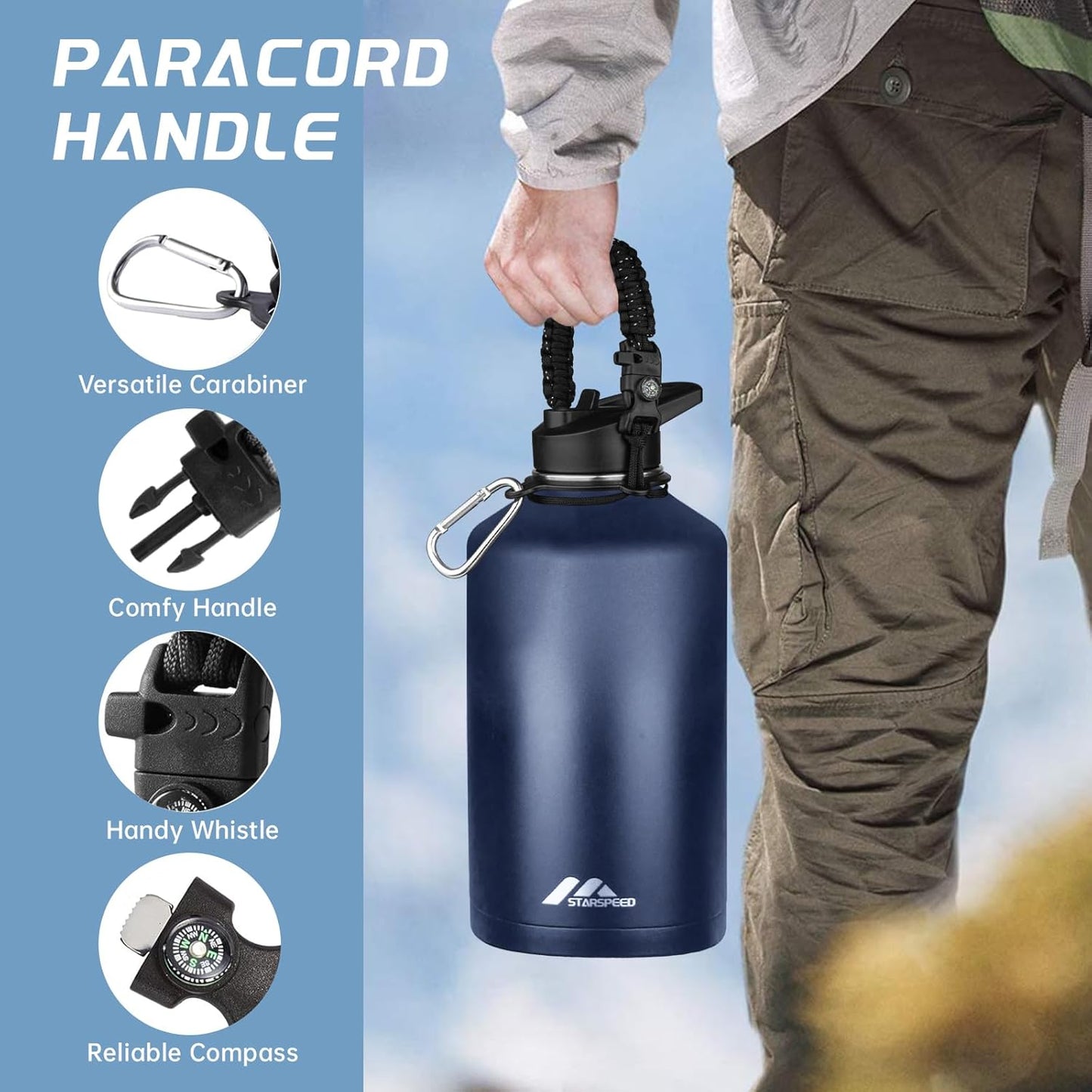 StarSpeed 32oz Insulated Water Bottle with Straw Lid, Stainless Steel Double Walled Vacuum Water Flask, Wide Mouth Sports Water Bottle for Gym Camping Hiking, Indigo Black