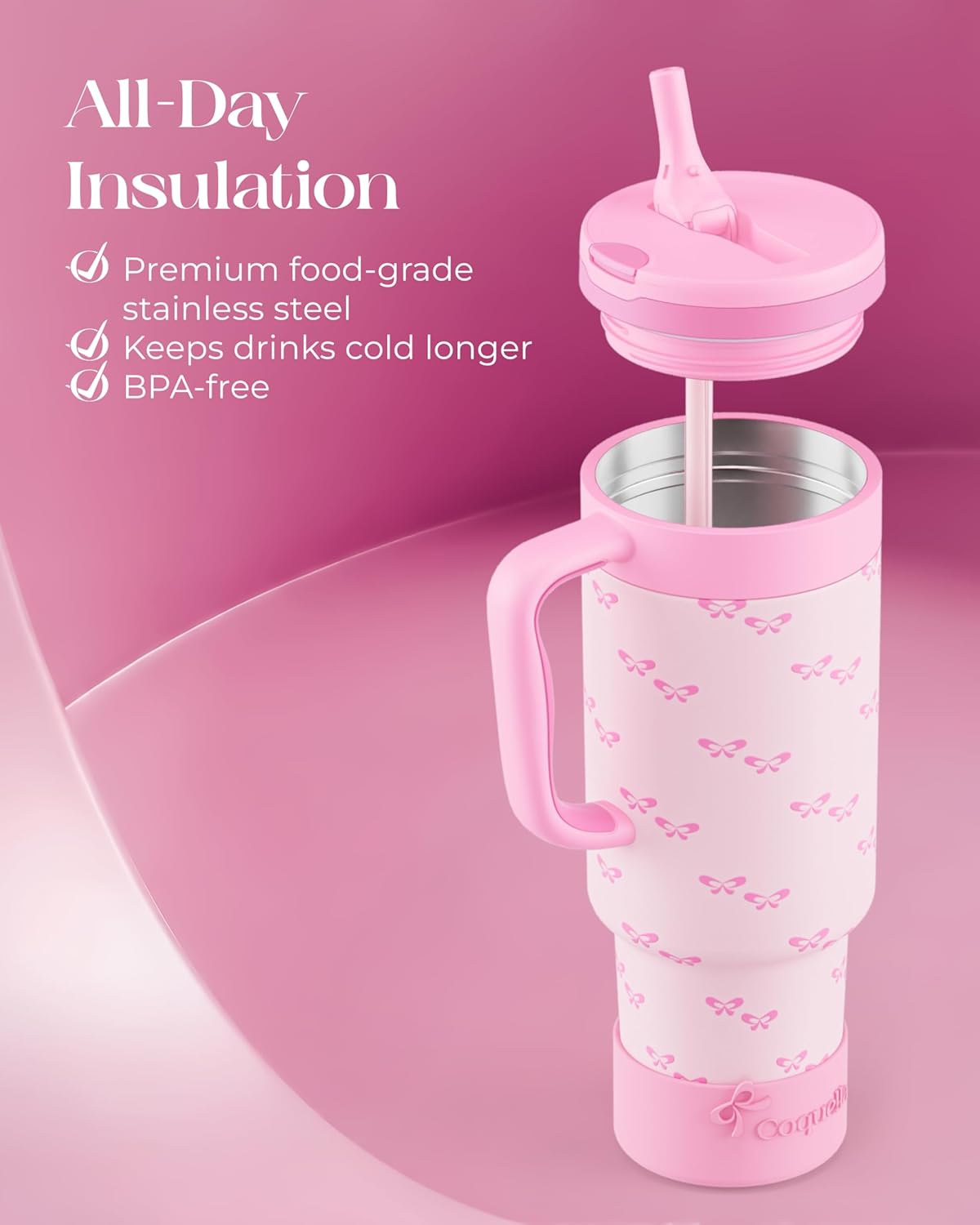 40 oz Insulated Tumbler with Handle and Push-Button Straw Lid, Stainless Steel Travel Cup for Gym Office, Leakproof, BPA-Free, Cup Holder Friendly, Bow Silicone Boot, Purple (Light Lilac)
