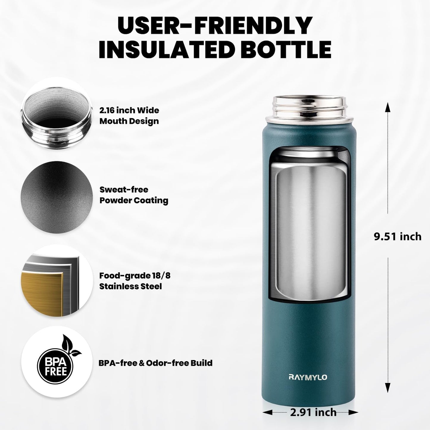 RAYMYLO One Gallon Water Bottle Insulated, Triple Walled Vacuum Stainless Steel (Cold for 48 Hrs), Leak Proof & Non-BPA, Large Water Flask Jug with Paracord Handle & Straw Spout Lids