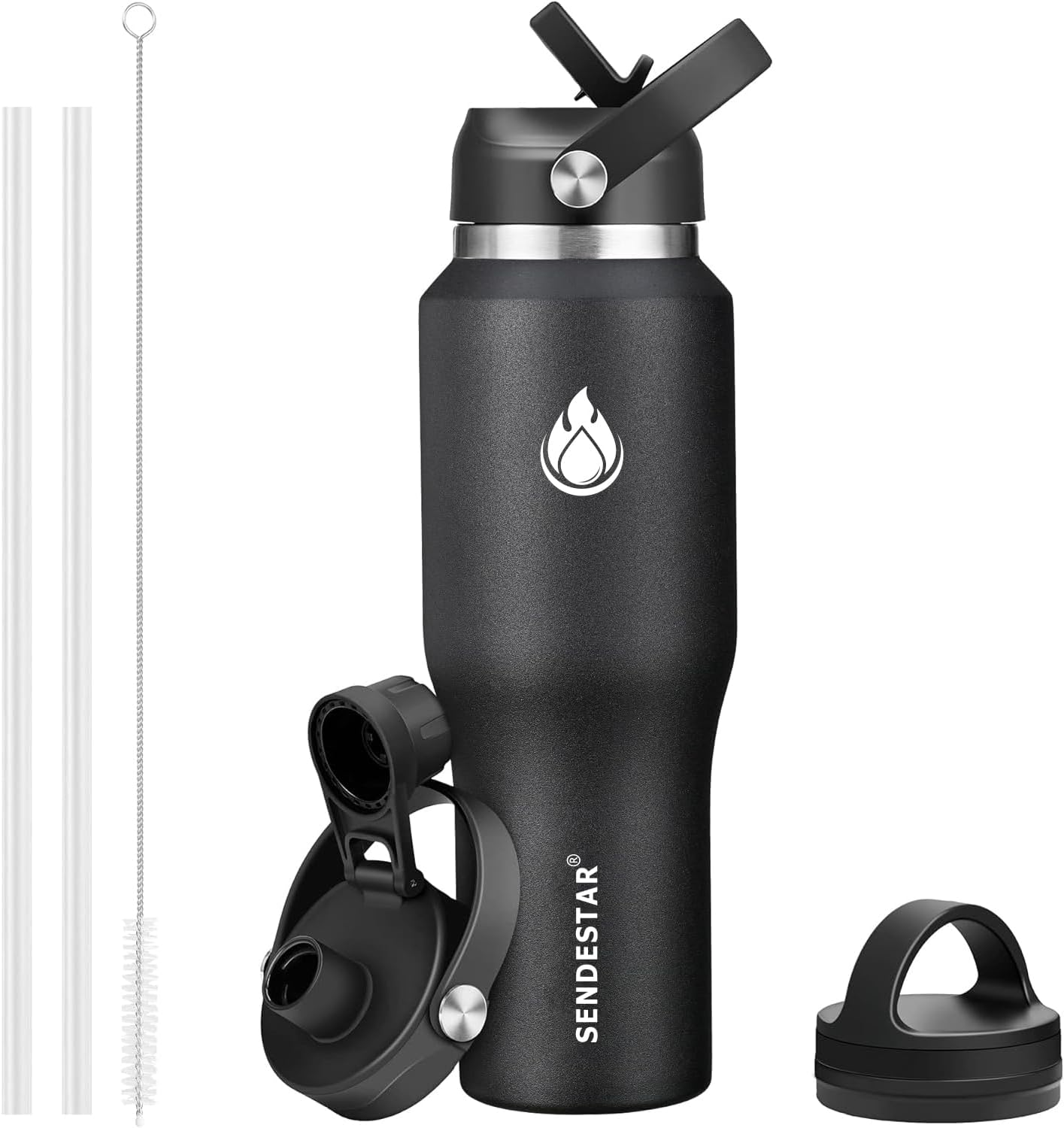 SENDESTAR 40oz Water Bottle Wide Mouth Stainless Steel Vacuum Insulated Double Wall with Straw Lids Fit in Any Car Cup Holder
