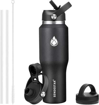 SENDESTAR 40oz Water Bottle Wide Mouth Stainless Steel Vacuum Insulated Double Wall with Straw Lids Fit in Any Car Cup Holder