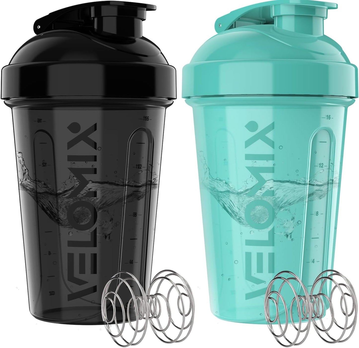 VELOMIX -2 Pack- 20 oz Protein Shaker Bottles for Protein Mixes - 2x Wire Whisk | Leak Proof Shaker Cups for Protein Shakes and Pre Workout | Protein Shaker Bottle Pack (Black/Transparent)