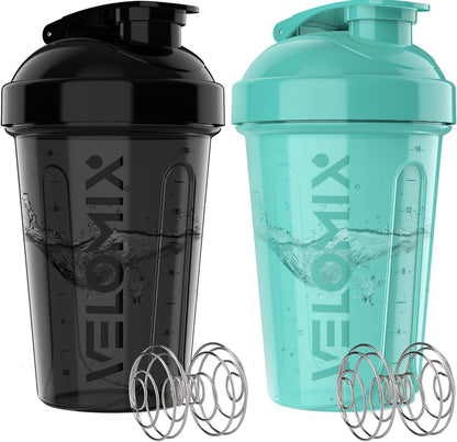 VELOMIX -2 Pack- 20 oz Protein Shaker Bottles for Protein Mixes - 2x Wire Whisk | Leak Proof Shaker Cups for Protein Shakes and Pre Workout | Protein Shaker Bottle Pack (Black/Transparent)