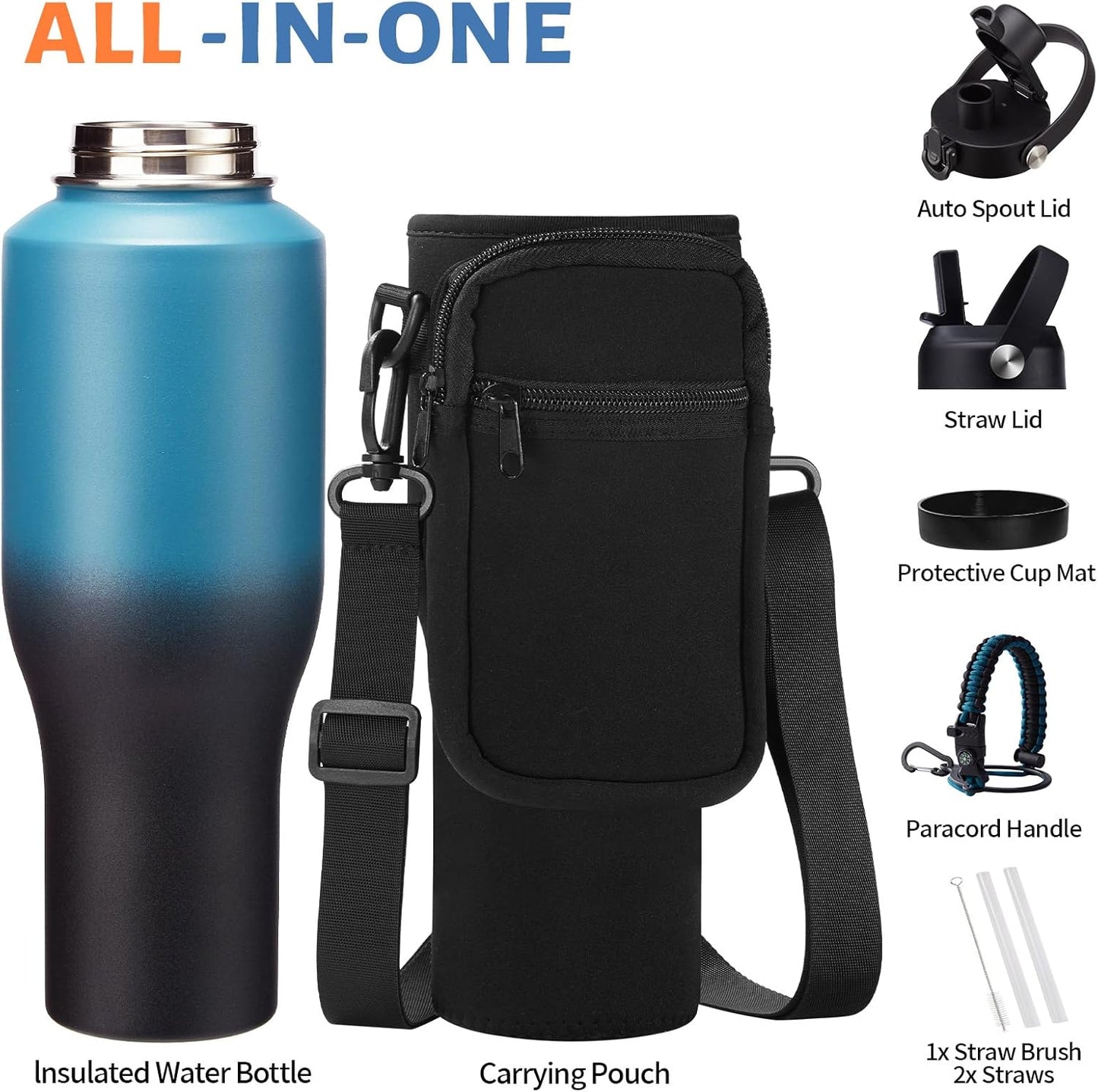 Insulated Water Bottle 40 oz - Fits in any Car Cup Holder, Keep Cold 48H Hot 24H, Stainless Steel Waterbottle Double Wall Flask with Straw, Pop-up Spout Lid, Paracord Handle, Carrier Bag
