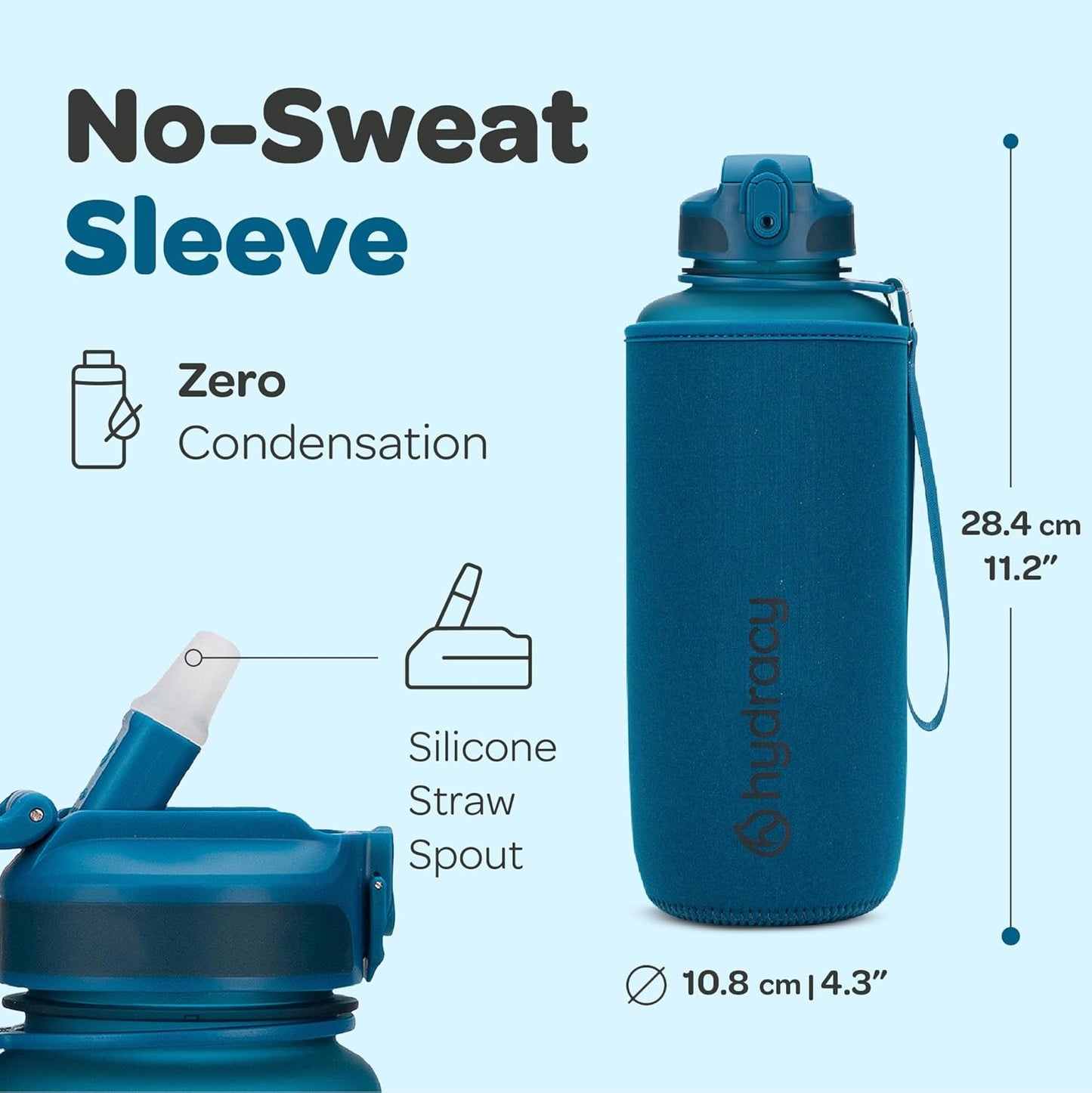 Hydracy Water Bottle with Time Marker -Large BPA Free Water Bottle & No Sweat Sleeve -Leak Proof Gym Bottle with Times to Drink - Ideal for Fitness Sports & Outdoors
