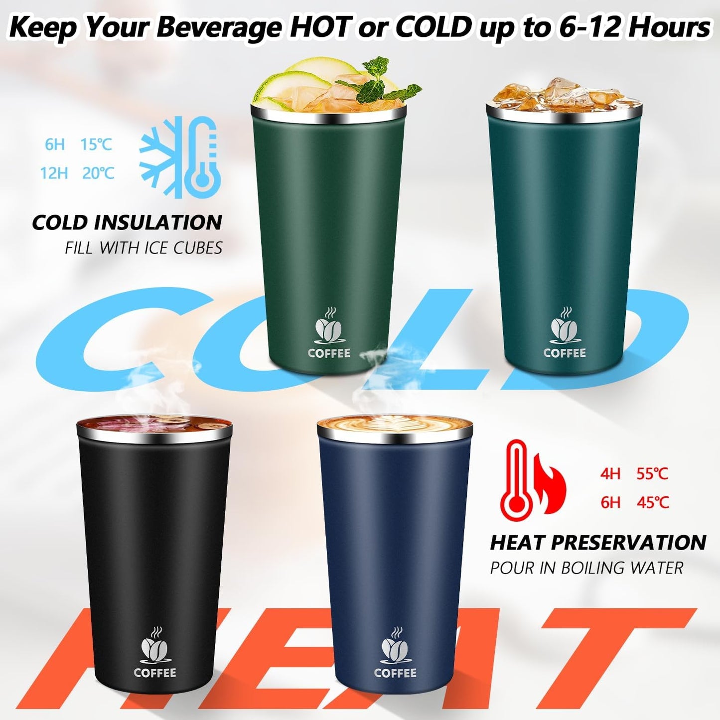 Insulated Travel Coffee Mug Reusable Coffee Tumbler Cup with Flip Lid Leak Proof Spill Proof for Office School Party Camping Hot and Cold Drink,Stainless Steel 17oz (Black)