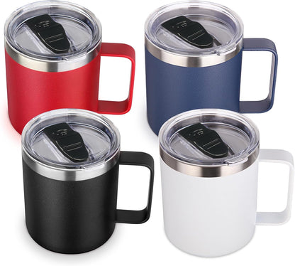 Volhoply 14oz Insulated Stainless Steel Coffee Mug with Lid Bulk 4 Pack,Double Wall Vacuum Travel Coffee Cup with Handle,Reusable Metal Cups Tumbler Cup,Camping Mugs,Ideal Gifts(Mix,4)