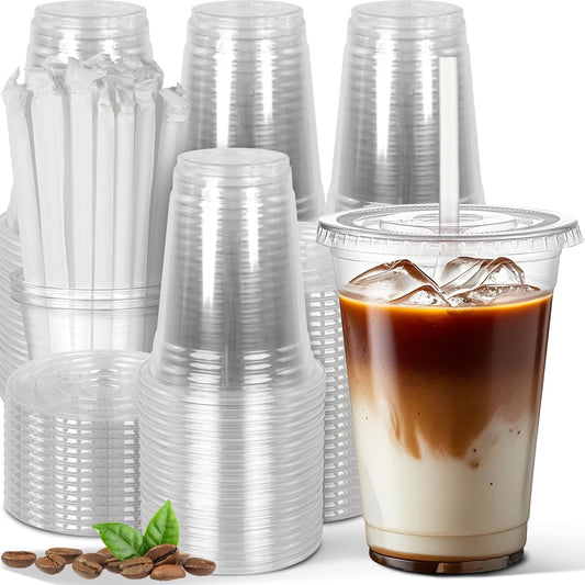 Charmount 32 oz Clear Plastic Cups with Lids and Jumbo Boba Straws, Disposable To Go Cups for Iced Coffee, Milkshake, Smoothies, Boba Milk Tea, Matcha Latte – 25 Sets