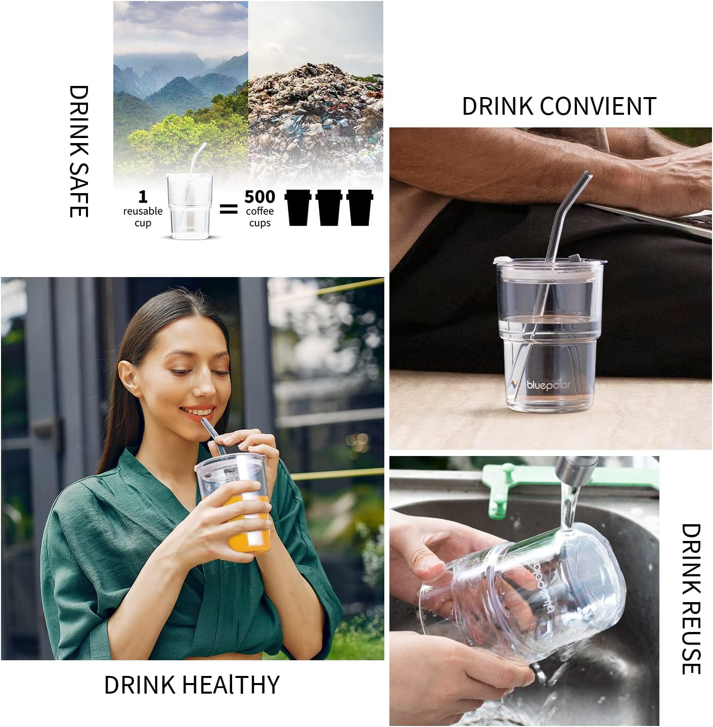 BLUEPOLAR 13oz/400ml Glass Water Tumbler with Straw and Lid Sealed Carry On Thick Wall Iced Coffee Cup Glass Cup for Water, Iced Tea Fruit Juice Etc (White-2Pack)