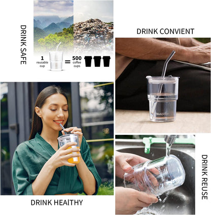 BLUEPOLAR 13oz/400ml Glass Water Tumbler with Straw and Lid Sealed Carry On Thick Wall Iced Coffee Cup Glass Cup for Water, Iced Tea Fruit Juice Etc (White-2Pack)