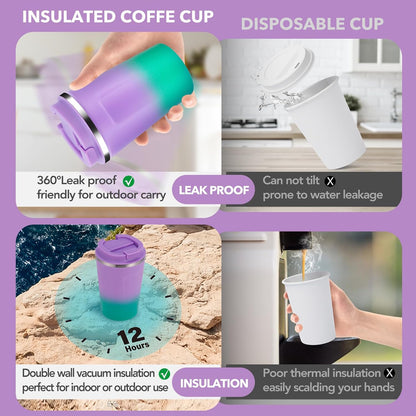 Volhoply 12 oz Double Wall Insulated Vacuum Travel Coffee Mugs with Flip Lid Bulk 2 Pack,Reusable Stainless Steel Leak Proof Coffee Cup,Portable Cafe Thermal Tumbler for Hot & Cold Drinks(Mix,2 Set)
