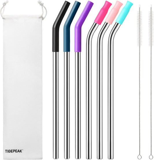 6 Packs Reusable Stainless Steel Straws with Silicone Tips and Travel Case, Long Metal Drinking Replacement Straws for Stanley Cup 40 oz Tumbler, 2 Cleaning Brushes Included, 3 Bent