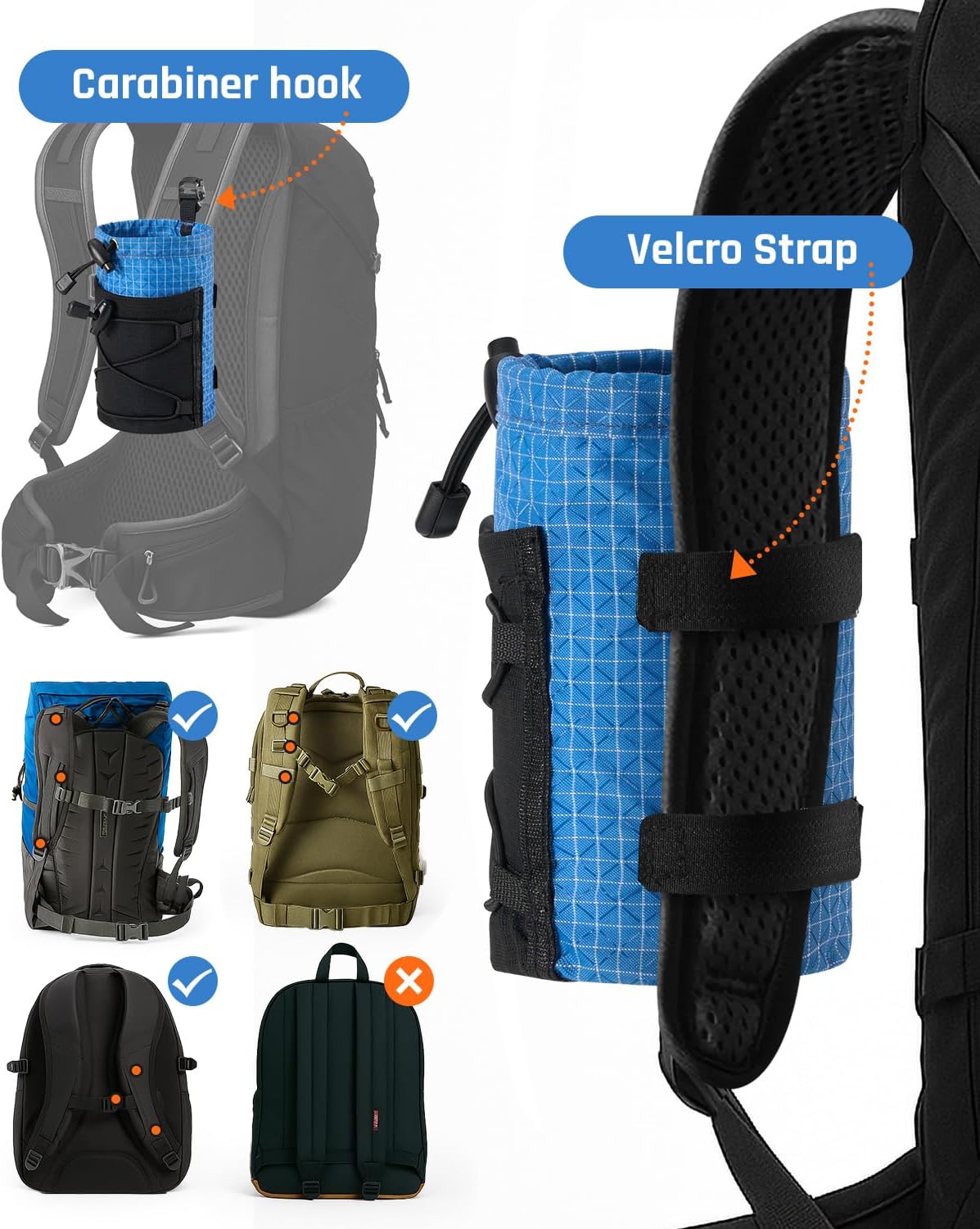 Water Bottle Holder Pouch with Hook Buckle, Backpack Water Bottle Holder Mesh Bag Carrier Fits for 8-24oz Bottles for Hiking, Running, Travel, Outdoor Backpack Accessories & Attachments
