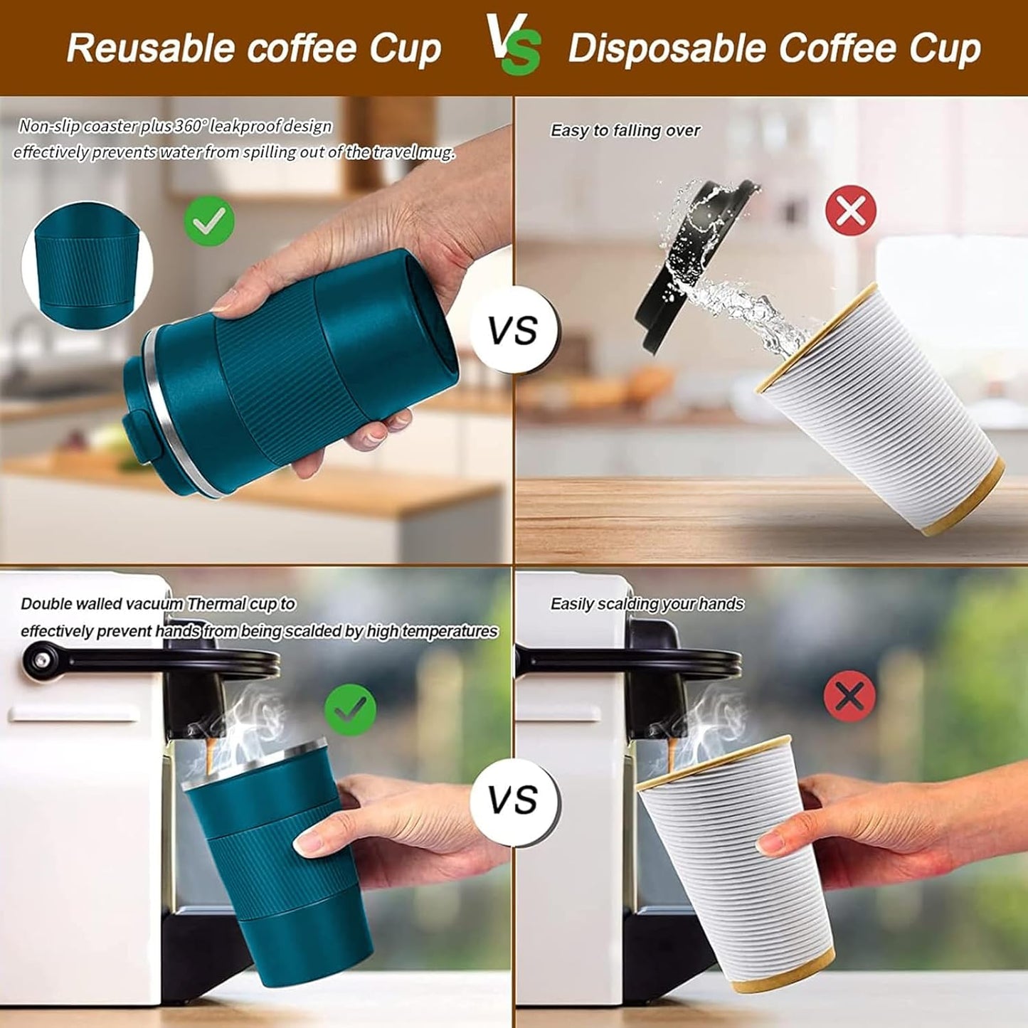 YINBAOGE Insulated Travel Coffee Mug, Spill & Leak Proof, Portable To Go Camping Stainless Steel Coffee Tumbler, Reusable Thermal Coffee Cup with Lid for Hot & Cold Drinks (Black, 12 OZ)