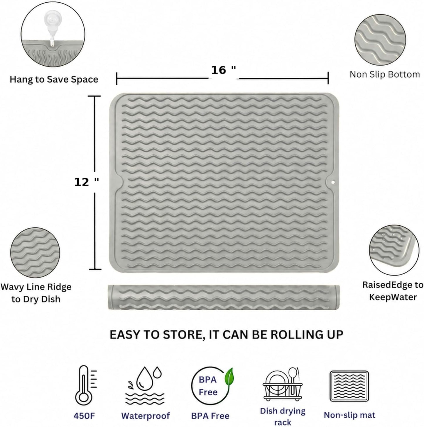 Silicone Drying Mat 16 × 12 – Gray Non-Slip Sink Mat for Kitchen Counter, Heat-Resistant Food-Grade Dish Pad, Easy-Clean Multipurpose Drawer Liner (Gray, 16'' x 12'')