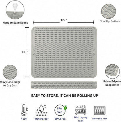 Silicone Drying Mat 16 × 12 – Gray Non-Slip Sink Mat for Kitchen Counter, Heat-Resistant Food-Grade Dish Pad, Easy-Clean Multipurpose Drawer Liner (Gray, 16'' x 12'')