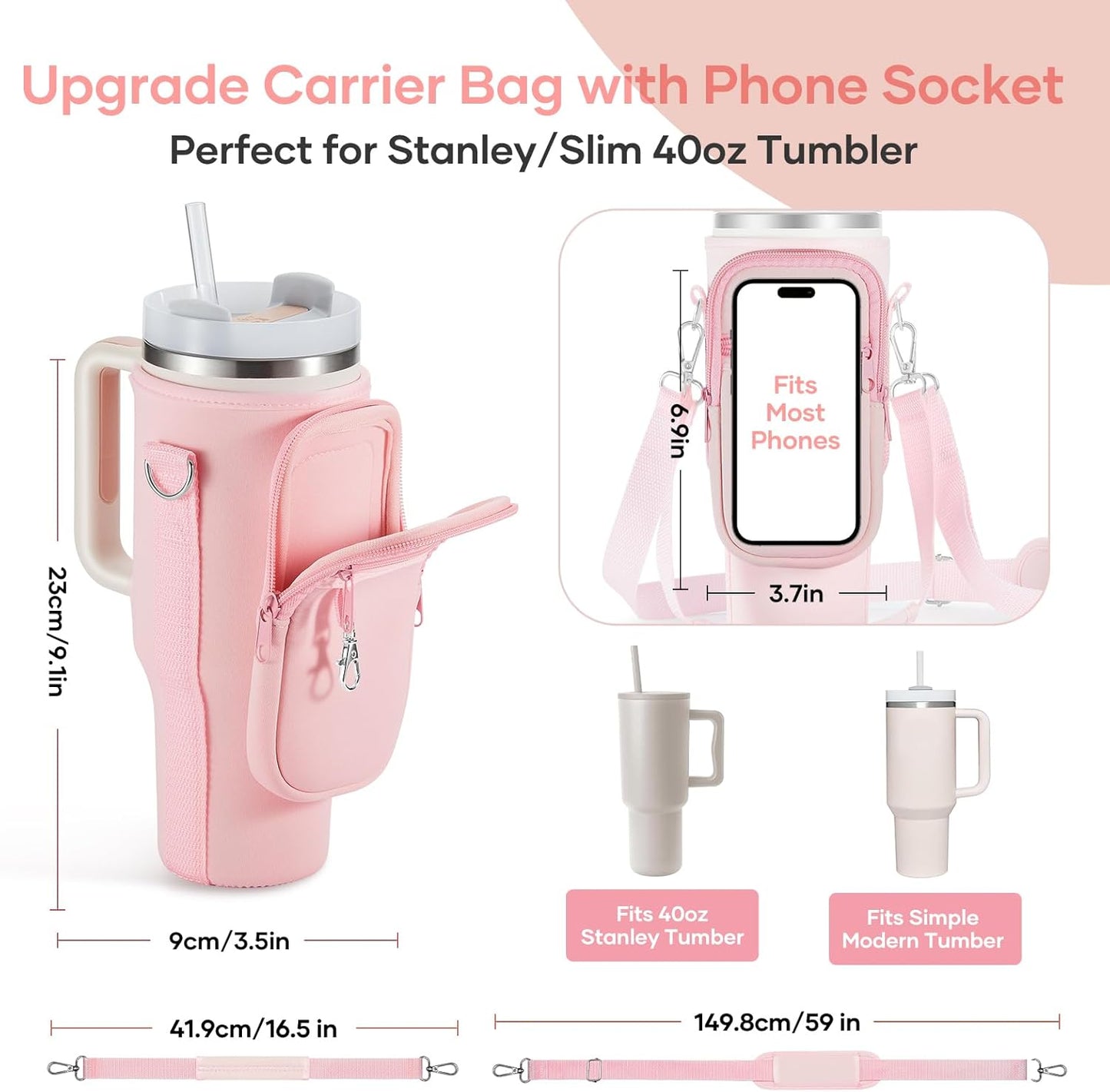 linmaya Water Bottle Carrier Bag for Stanley Cup 40/30oz with Phone Holder Pockets,Neoprene Water Bottle Cross-body Bag with Adjustable Shoulder & Hand Strap Stanley Cup Accessories