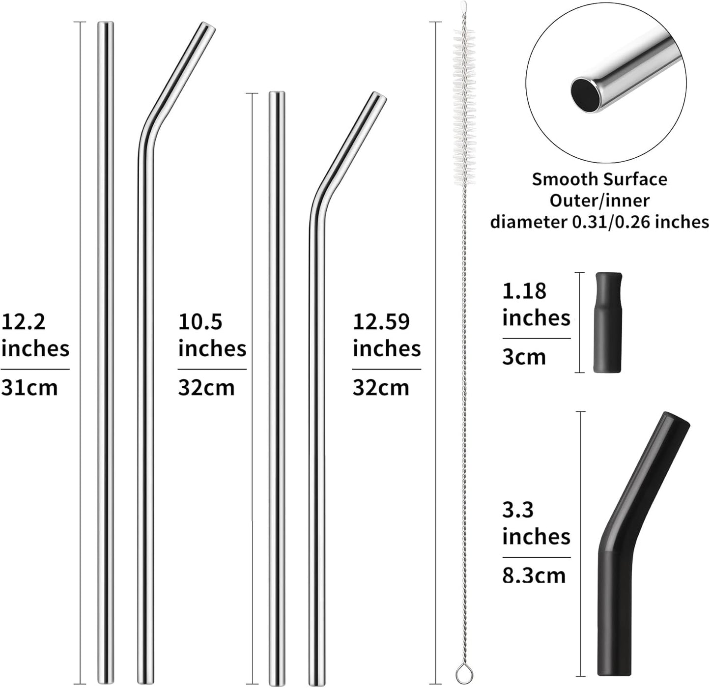 6 Packs Reusable Stainless Steel Straws with Silicone Tips and Travel Case, Long Metal Drinking Replacement Straws for Stanley Cup 40 oz Tumbler, 2 Cleaning Brushes Included, 3 Bent