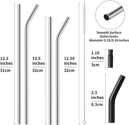 6 Packs Reusable Stainless Steel Straws with Silicone Tips and Travel Case, Long Metal Drinking Replacement Straws for Stanley Cup 40 oz Tumbler, 2 Cleaning Brushes Included, 3 Bent