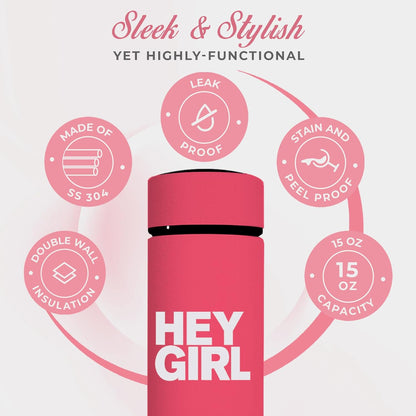 Hey Girl Tea Infuser Bottle 450ml - Insulated Stainless Steel Water Bottle - Tea Tumbler with Tea Diffuser - Portable Travel Mug for Loose Leaf Tea & Infused Water - Tea Lovers Gifts for Women (Pink)