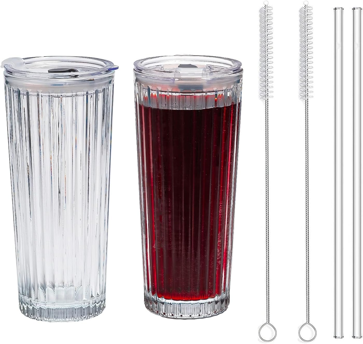 SUROQUE 20oz Ribbed Glass Tumblers with Lids & Straws, Ideal for Iced Coffee, Cocktails & More - Includes Cleaning Brush