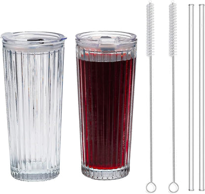 SUROQUE 20oz Ribbed Glass Tumblers with Lids & Straws, Ideal for Iced Coffee, Cocktails & More - Includes Cleaning Brush