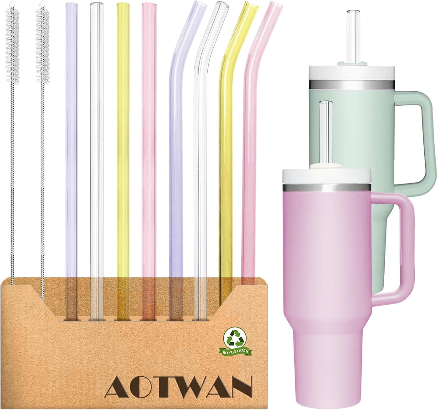 AOTWAN Glass Straws for Stanley 10 Pack 40/30 oz Tumbler,12inch Replacement Straw for Stanley 4 Straight and 4 Bent with 2 Brushesh,Reusable Glass Straws for Stanley Cup