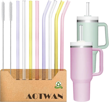 AOTWAN Glass Straws for Stanley 10 Pack 40/30 oz Tumbler,12inch Replacement Straw for Stanley 4 Straight and 4 Bent with 2 Brushesh,Reusable Glass Straws for Stanley Cup