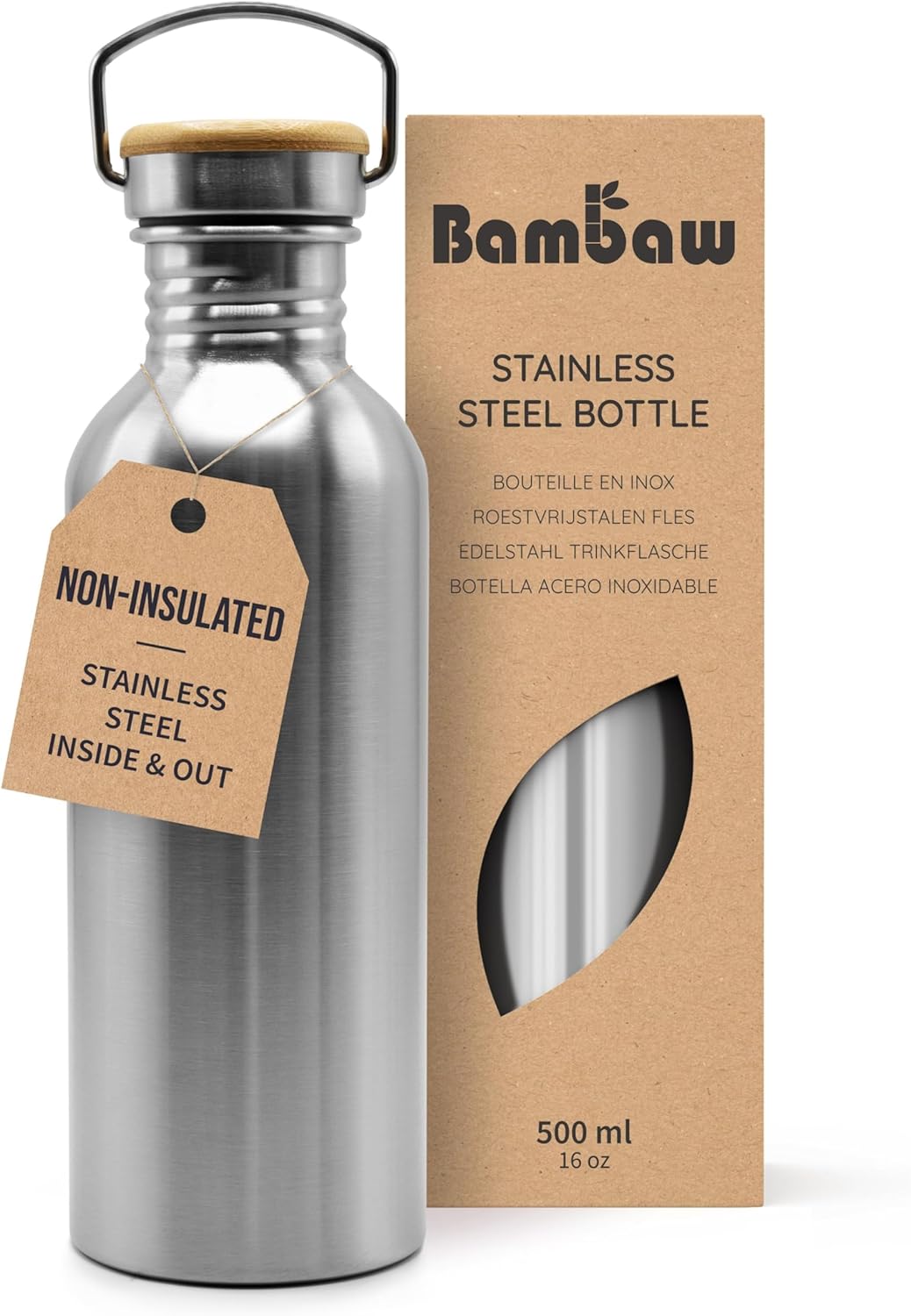 Bambaw Stainless Steel Water Bottles 32 oz, Non-insulated Single Wall Metal Water Bottle Stainless Steel, Reusable & Eco Friendly, Dishwasher Safe – Silver | Non-insulated