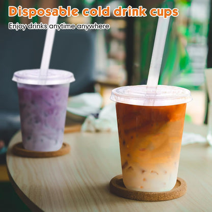 Ziliny 50 Sets Crystal Clear Plastic Cups with Lids, Straws and Stickers, Disposable Iced Coffee Cups Thickened PET for Iced Coffee, Bubble BobaTea, Smoothie, Cold Drinks, Juice, Shops (12 oz)